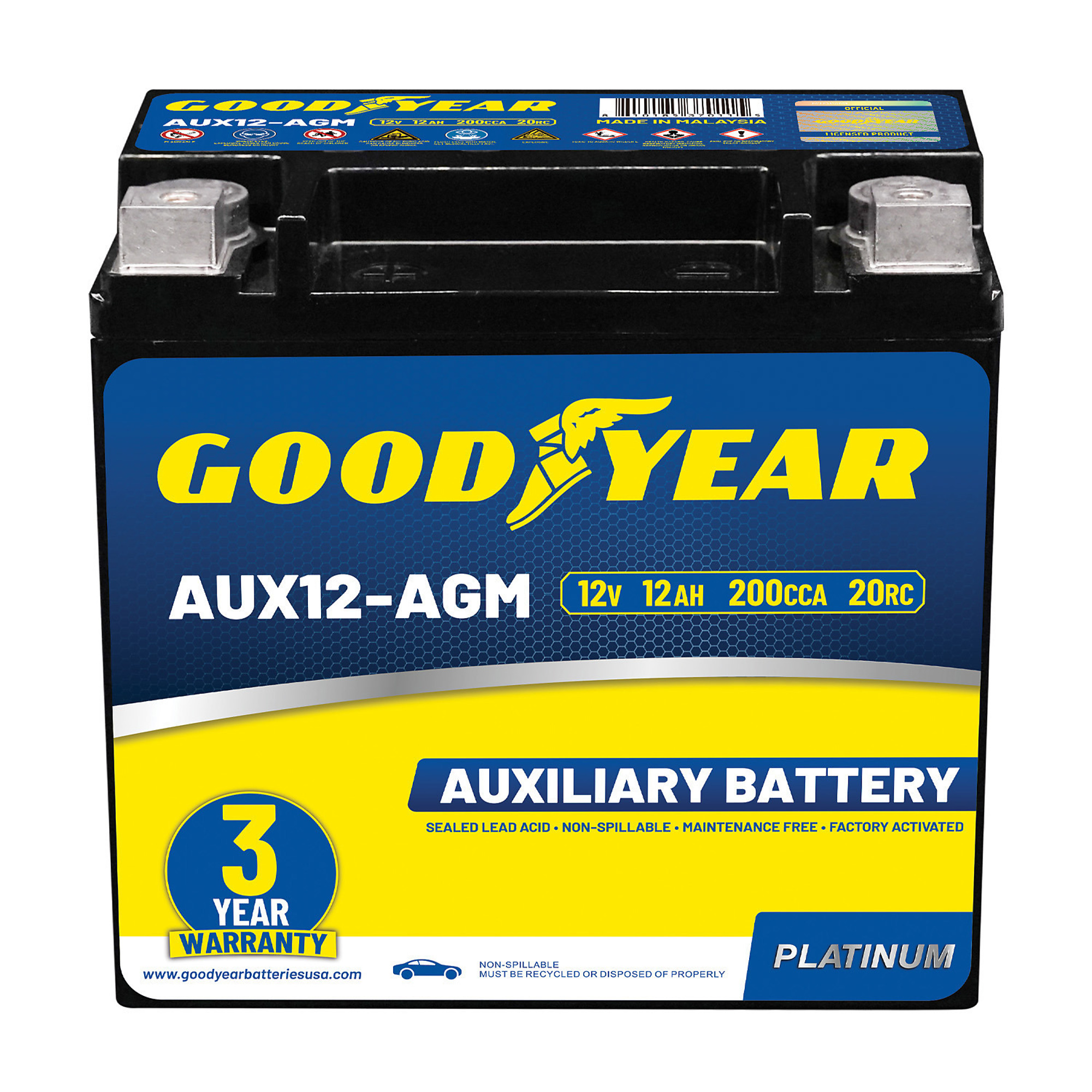 Goodyear Platinum Series AGM Auxiliary Battery — 12V, 12Ah, 200 CCA, Group Size 401, Model# GY4143261